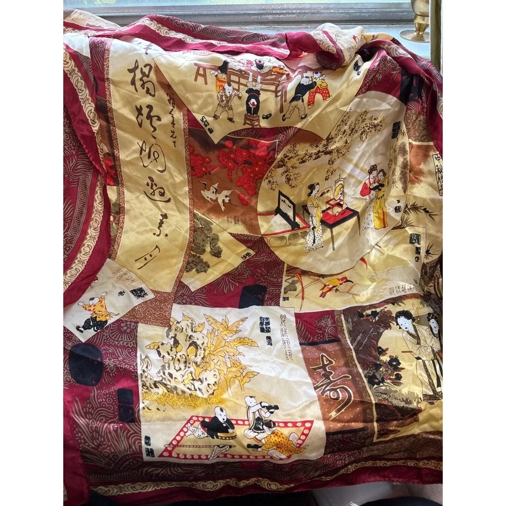 Vintage Asian-Inspired Silk Scarf With‎ Traditional Artwork & Calligraphy